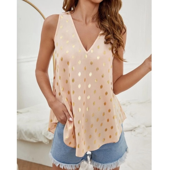 Cream gold dot V neck sleeveless blouse